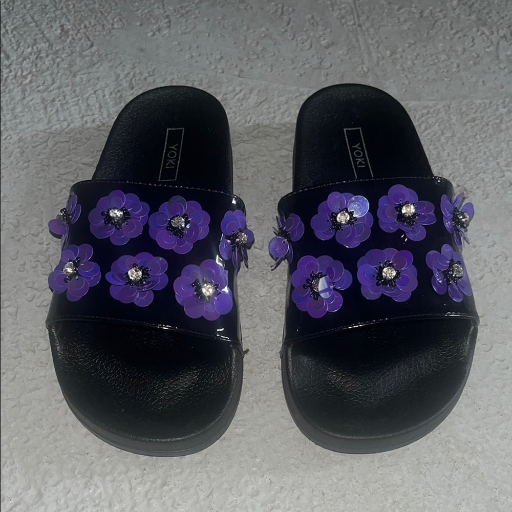 Purple Floral Black Sandals Size 7